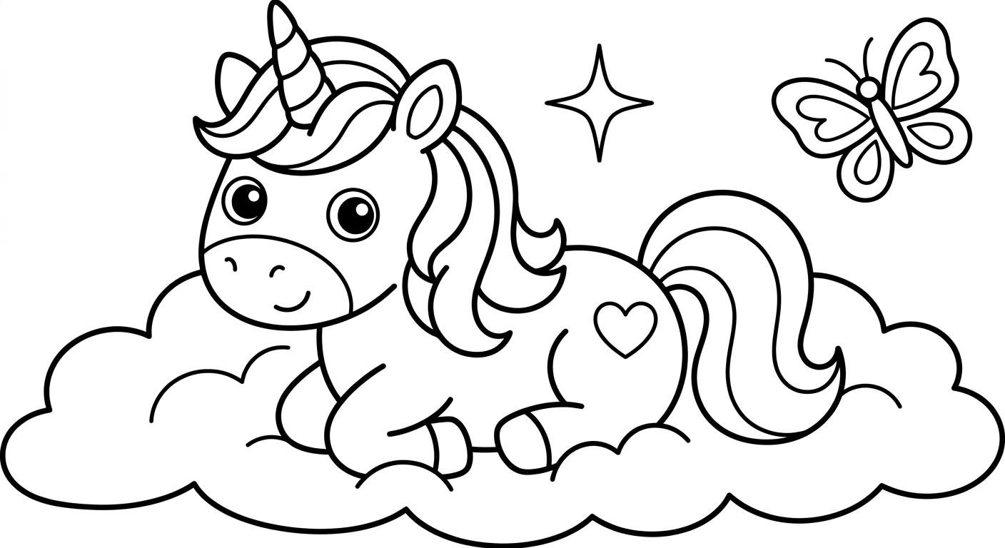 Baby unicorn coloring page drawing, free printable for kids ages 2-5 years old
