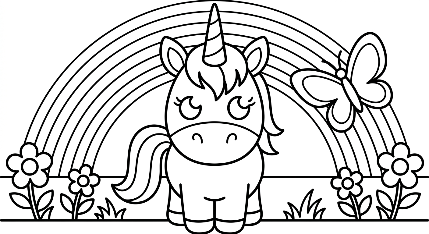 Unicorn with rainbow coloring page, free printable drawing for kids ages 2-5