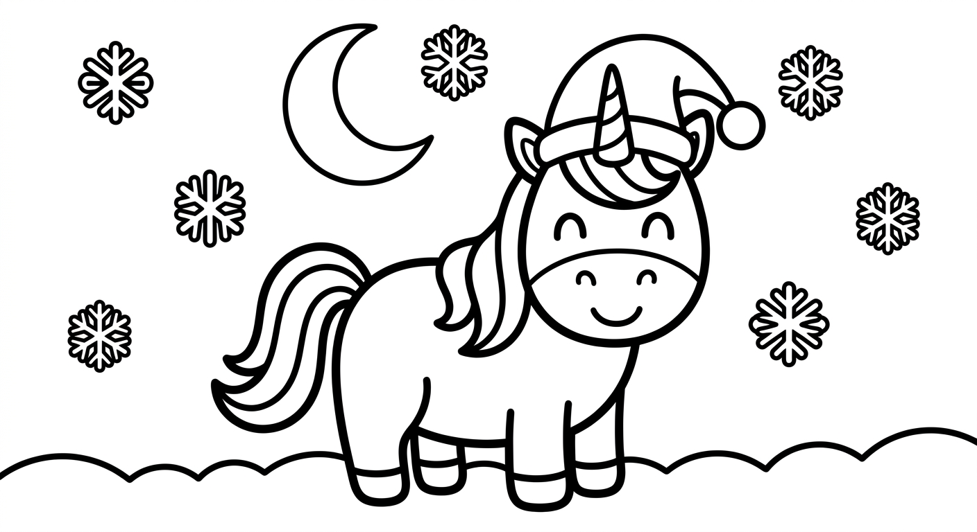 Cute unicorn wearing Christmas hat coloring page, free printable drawing for kids ages 2-5