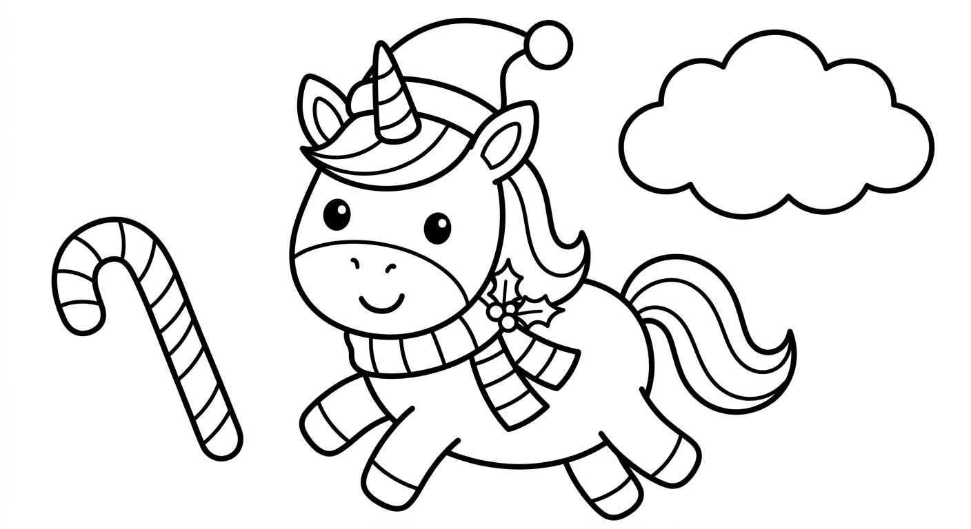 Christmas unicorn coloring page for kids ages 2-5, free printable drawing