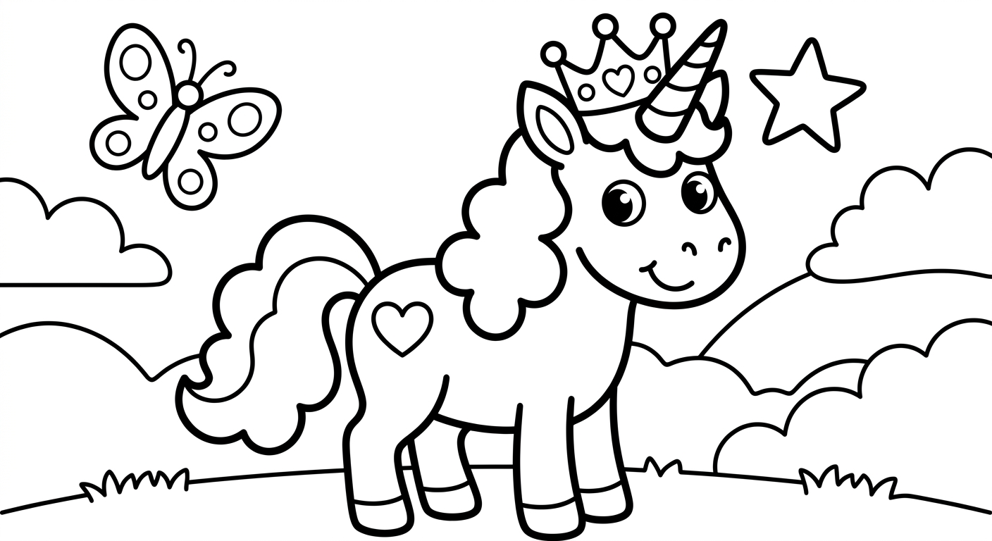 Princess unicorn coloring page for kids ages 2-5, free printable drawing activity