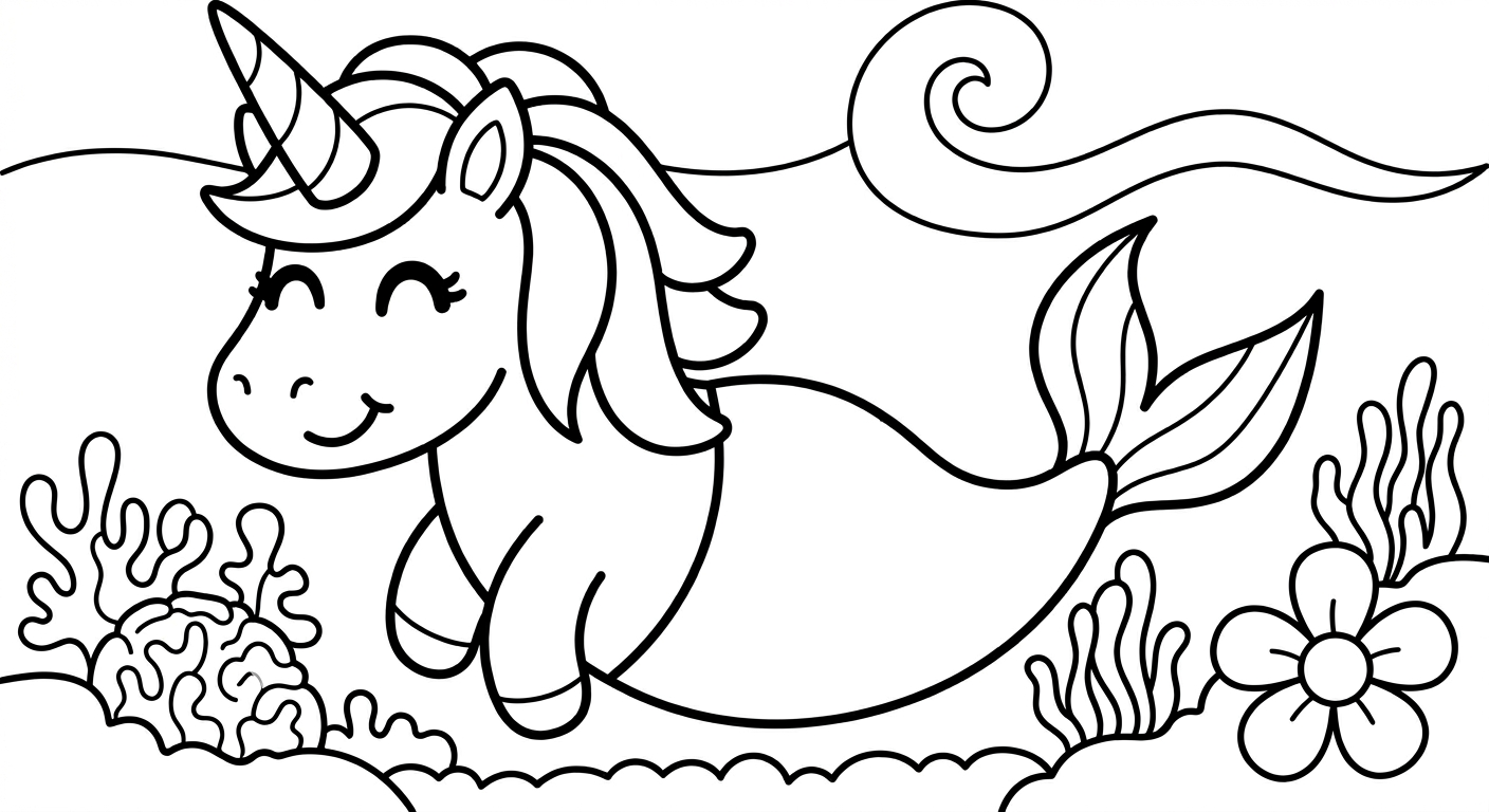 Unicorn mermaid coloring page for kids ages 2-5, free printable drawing activity