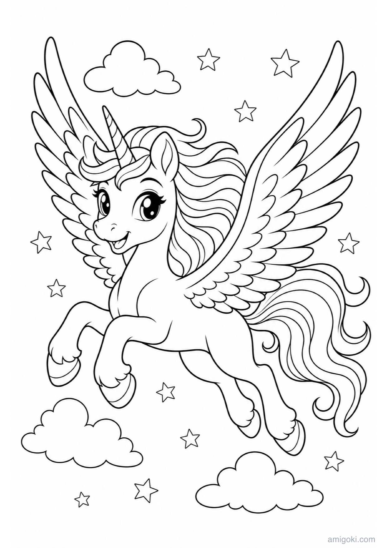 Flying Winged Unicorn Coloring Page to Print Free