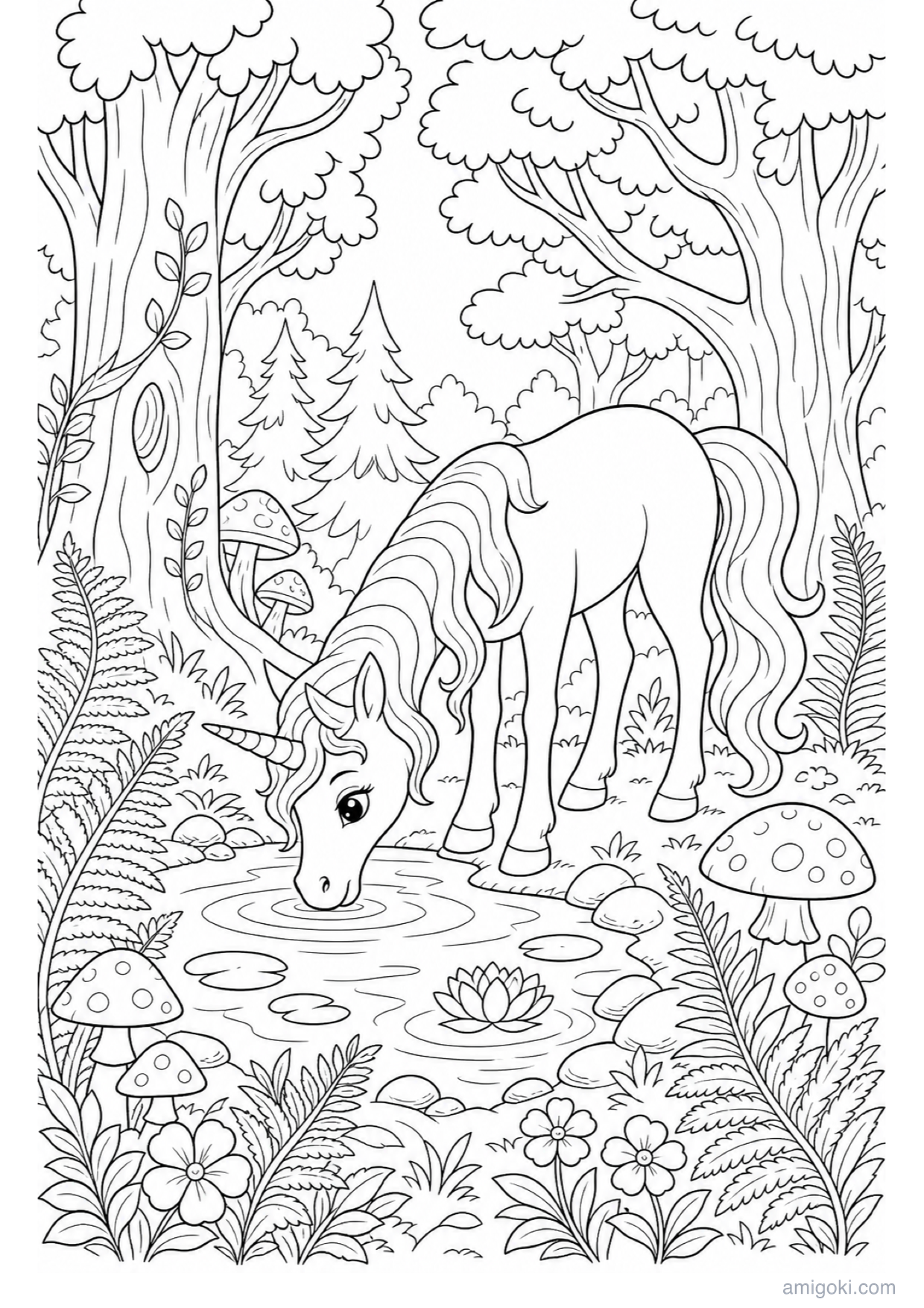 Unicorn in the Magic Forest Coloring Page to Print Free