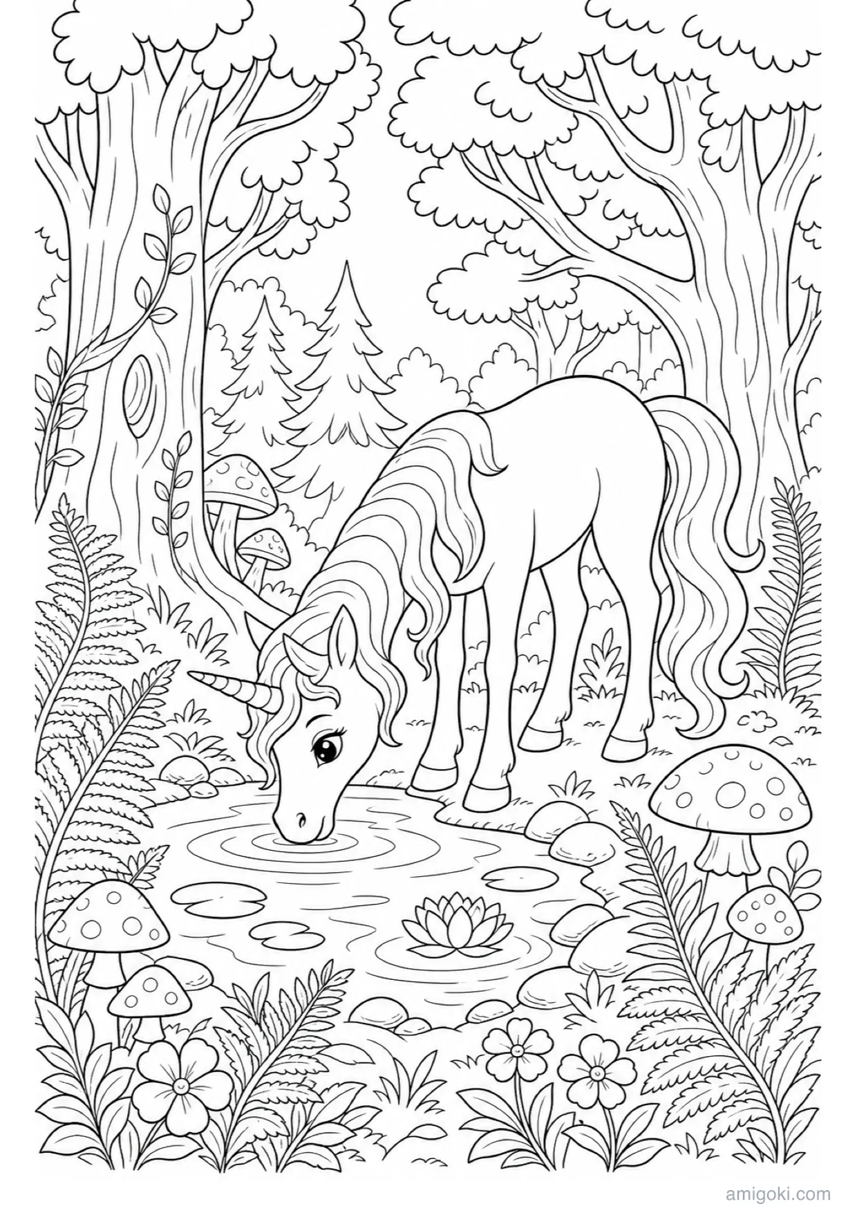 Unicorn in the Magic Forest Coloring Page to Print Free