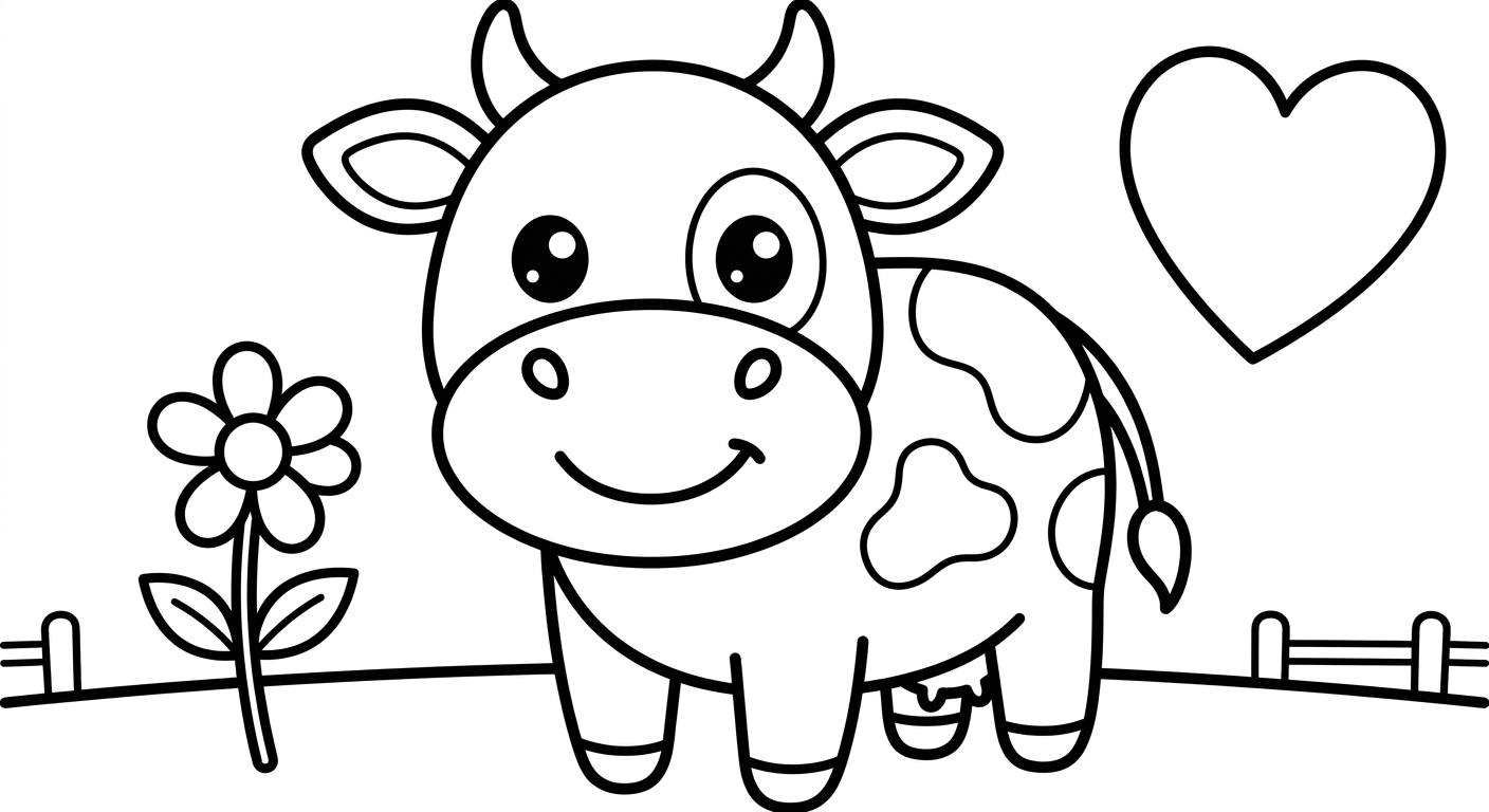 Desenho de vaca caricatura kawaii para colorir, imprimível grátis para crianças de 2 a 5 anos