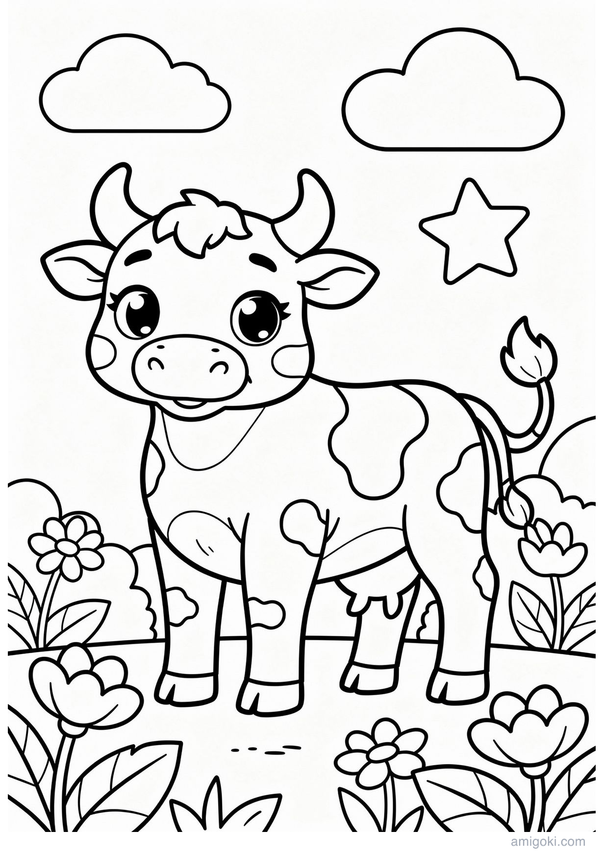 Cute kawaii cartoon cow coloring page for kids, free printable drawing for children ages 5-8