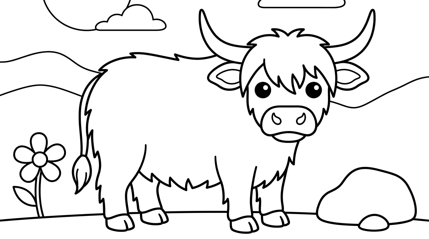 Dibujo de Vaca con pelaje largo para Colorear para Niños de 2 a 5 Años