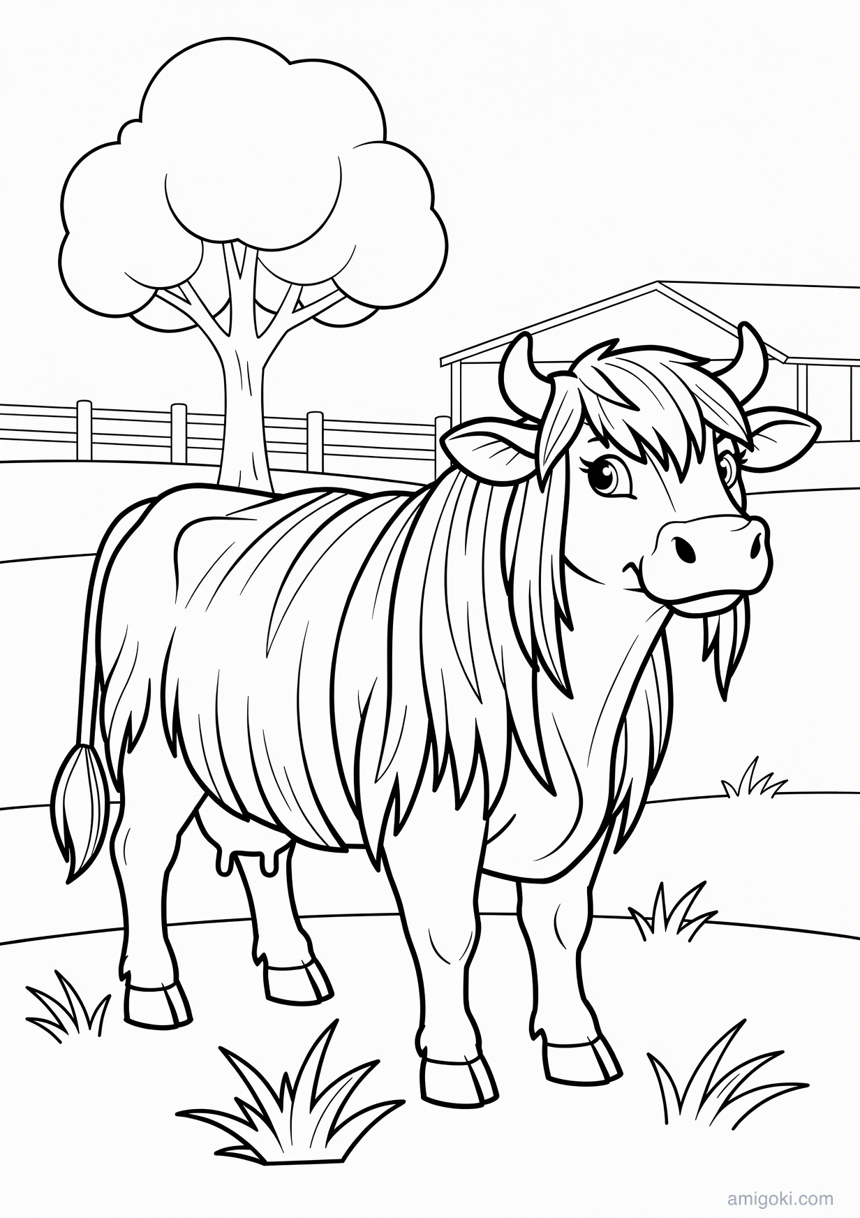 Long-haired cow coloring page for kids, free printable drawing for children ages 5-8