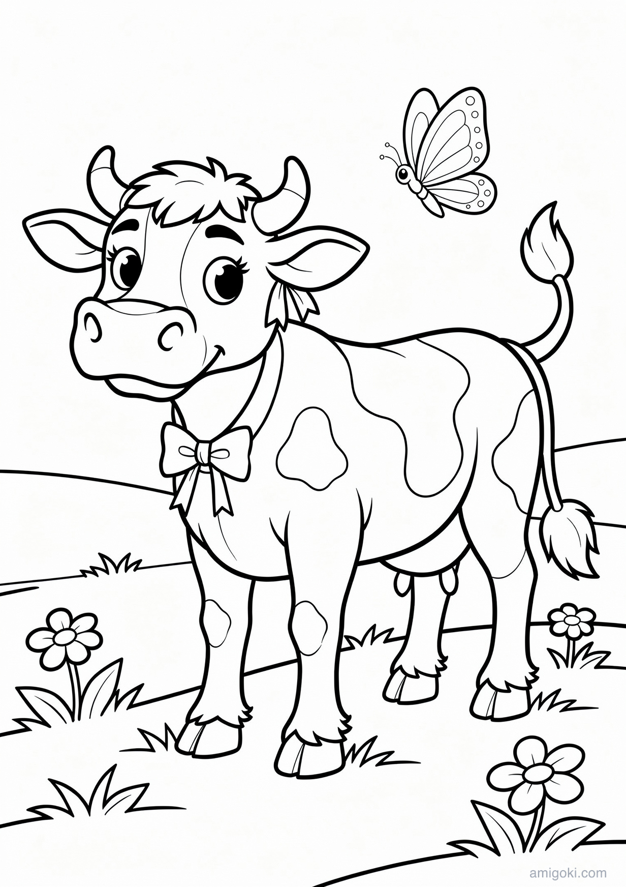 Vaca Lola coloring page, free printable farm animal drawing for kids ages 5-8