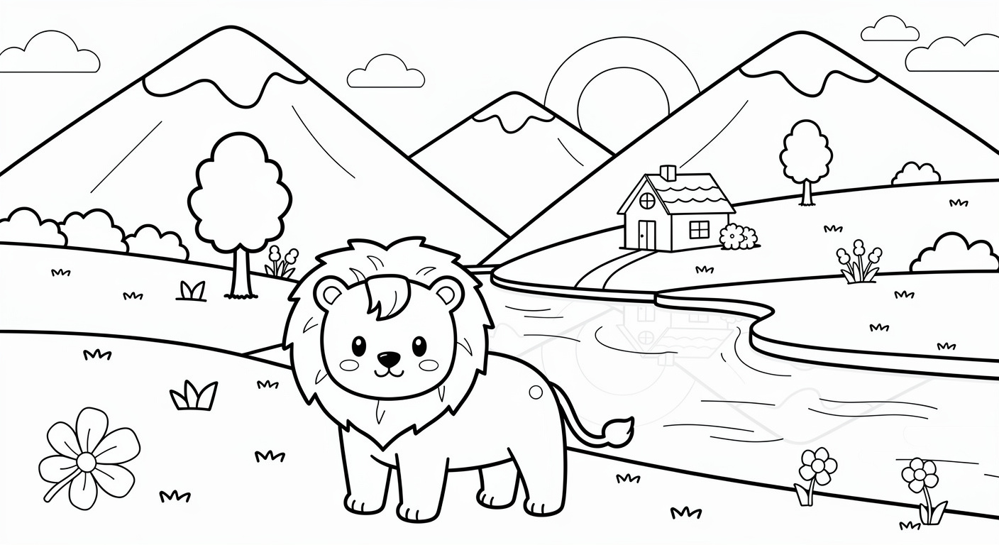 Dessin de vallée à colorier gratuit, activité imprimable pour enfants avec paysage naturel
