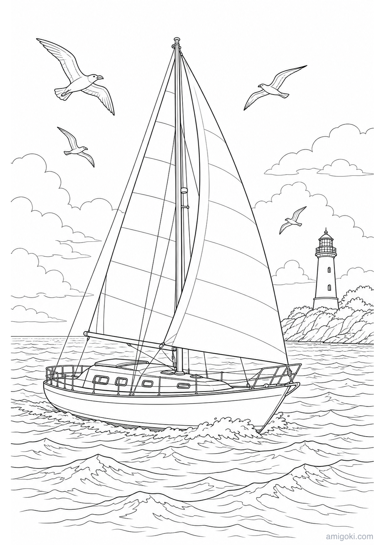 Sailboat at Sea Coloring Page to Print Free