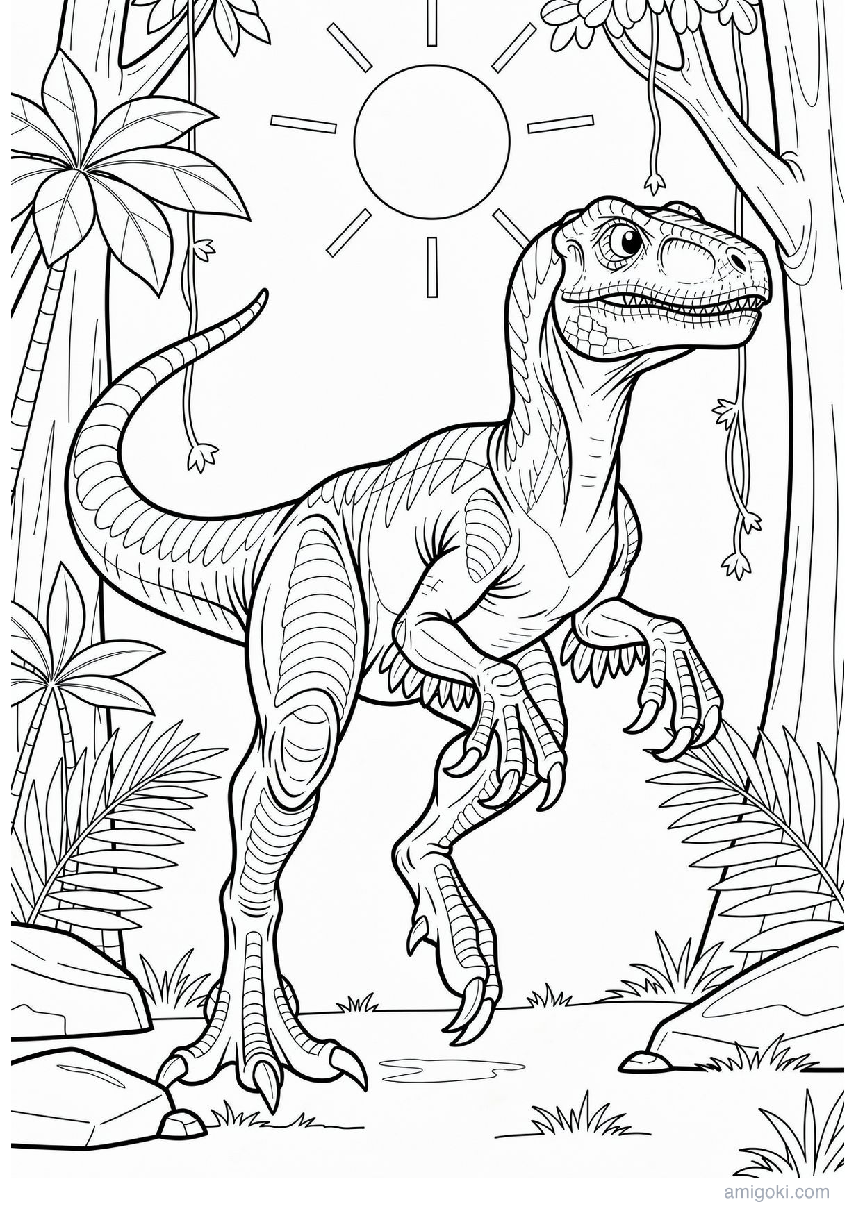 Velociraptor coloring page printable for kids ages 5-8, free dinosaur drawing PDF