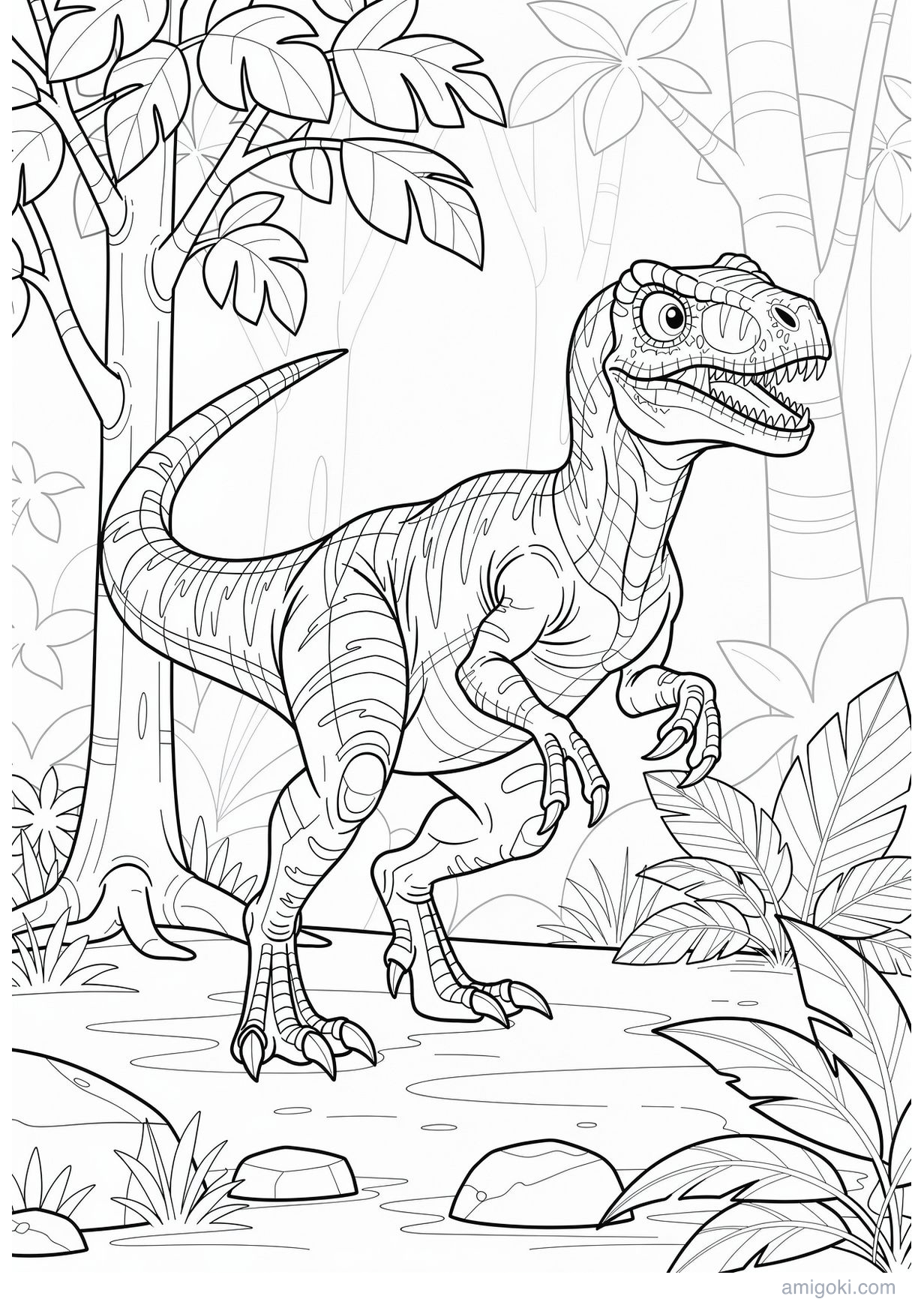 Blue velociraptor coloring page for kids, free printable dinosaur drawing for ages 5-8