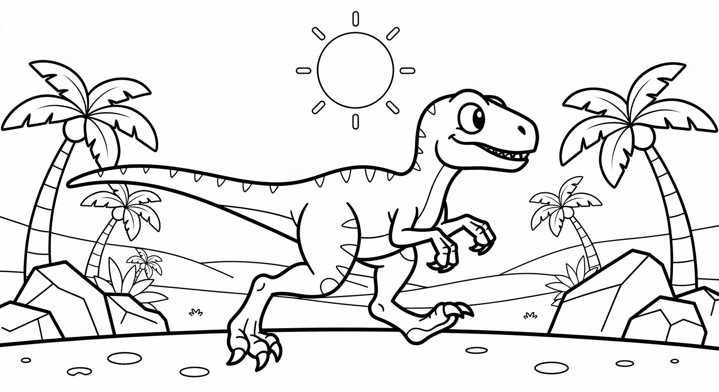 Velociraptor coloring page in desert valley landscape, free printable dinosaur drawing for kids