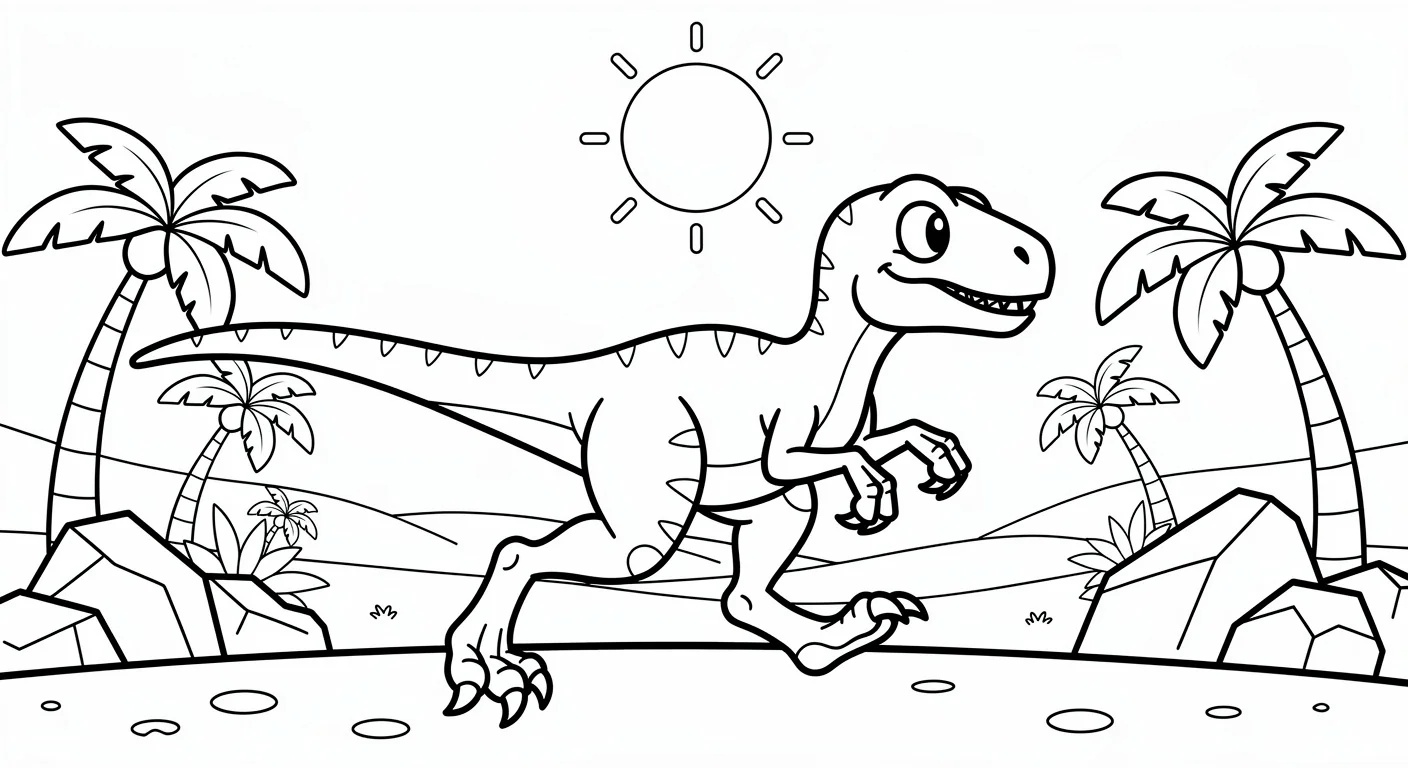 Velociraptor in desert valley Coloring Page
