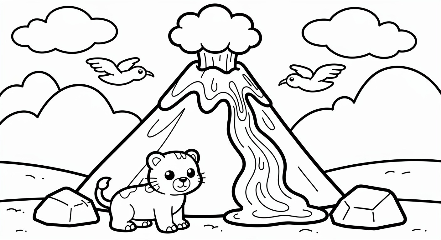 Dessin de volcan à colorier gratuit et imprimable, design simple pour les jeunes enfants