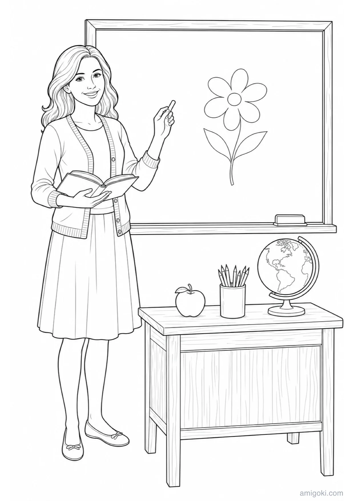 Desenho de Professora na Lousa para Colorir e Imprimir