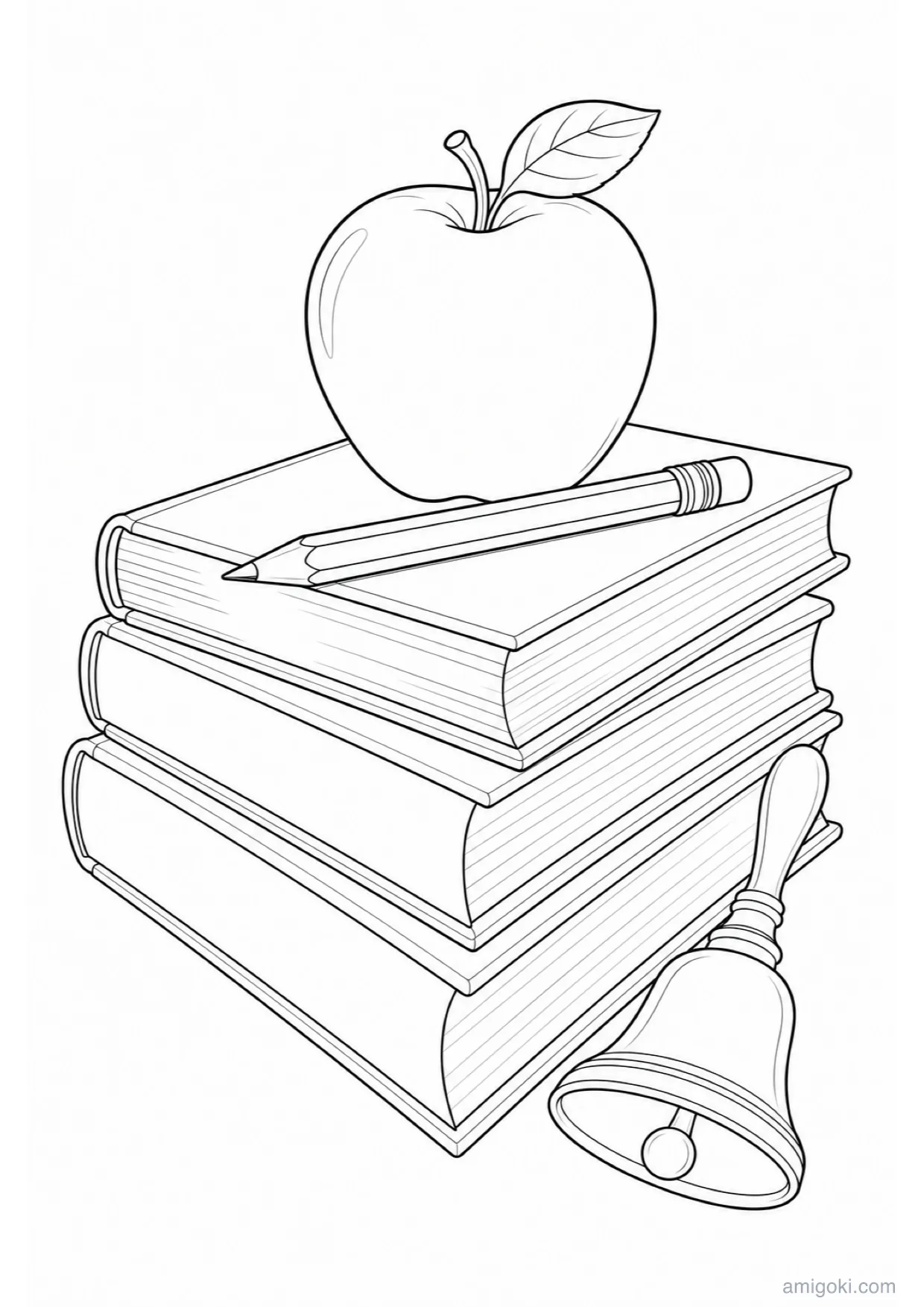 Dibujo de Manzana y Libros para Colorear e Imprimir